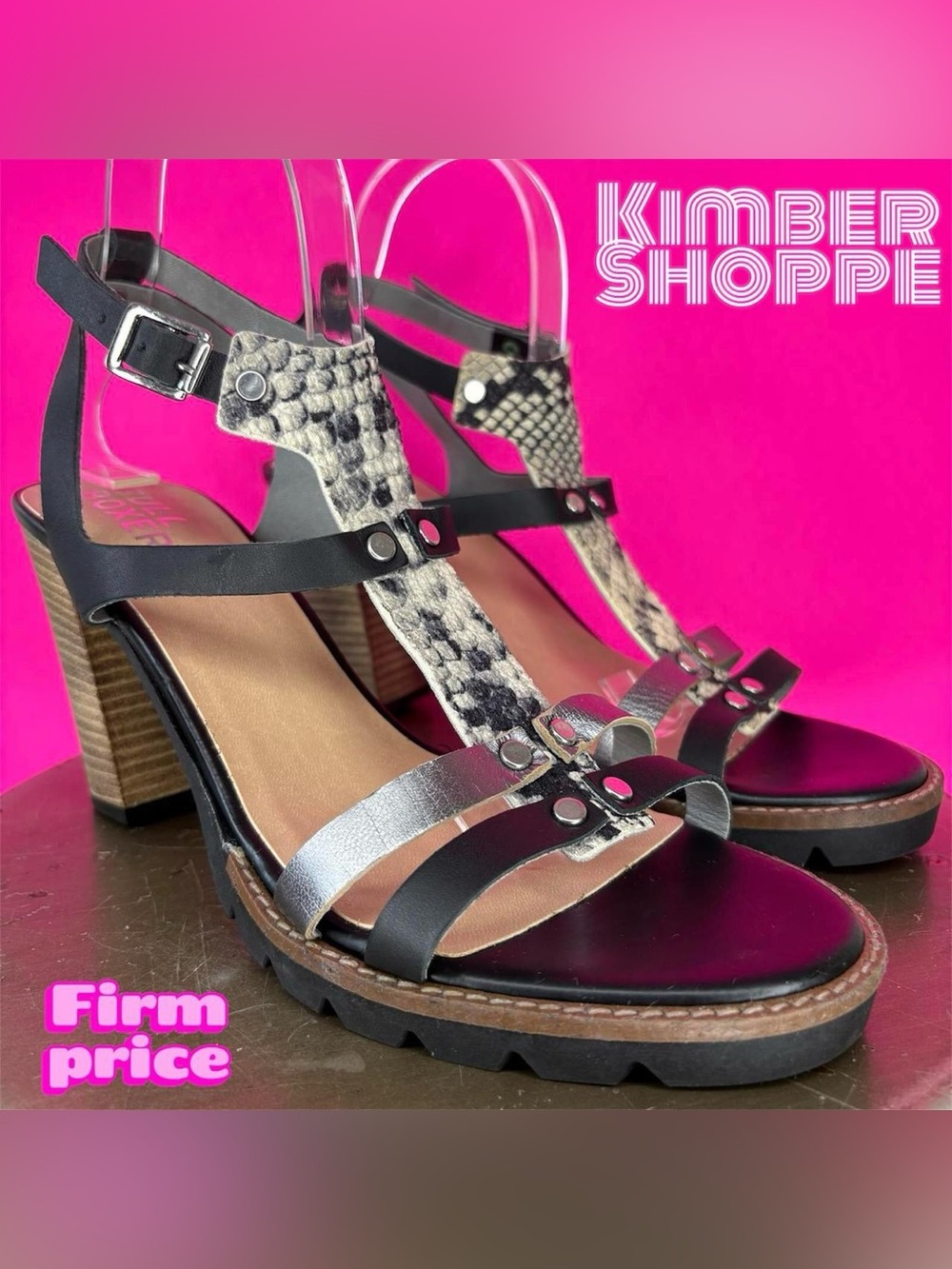 Bullboxer T Strap Silver Black Snake Print Leather Lug Sole Heeled Sandal EU 41